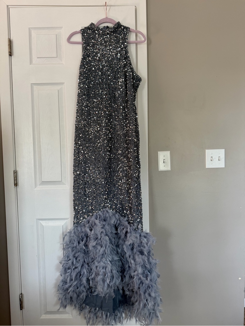 Fashion Nova Grey Full Sequin Fur Maxi Dress Mock Neck - Picture 4 of 12